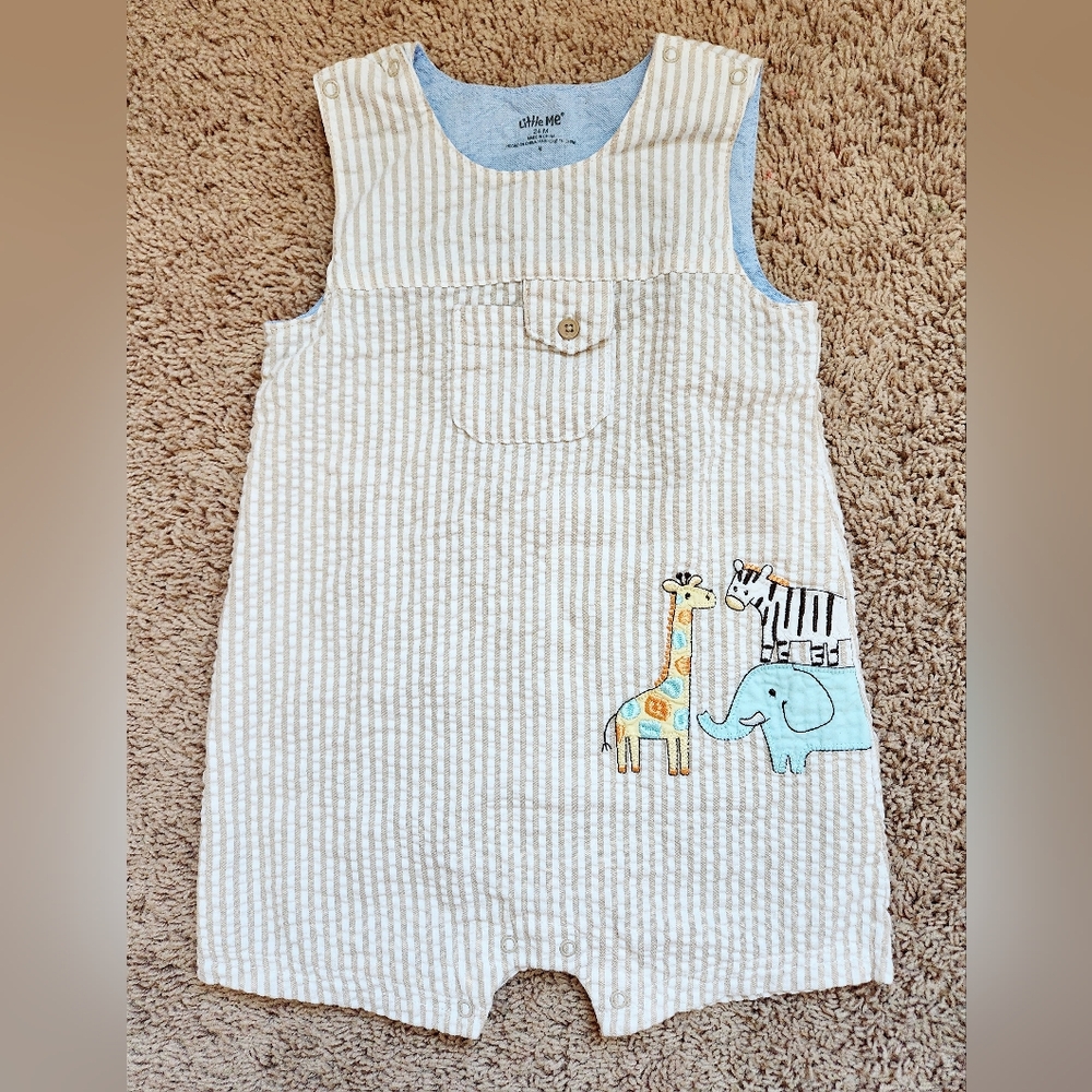 Little Me boy zoo animal applique seersucker romper